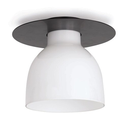 Nickel flush mount with a circular base and white globe